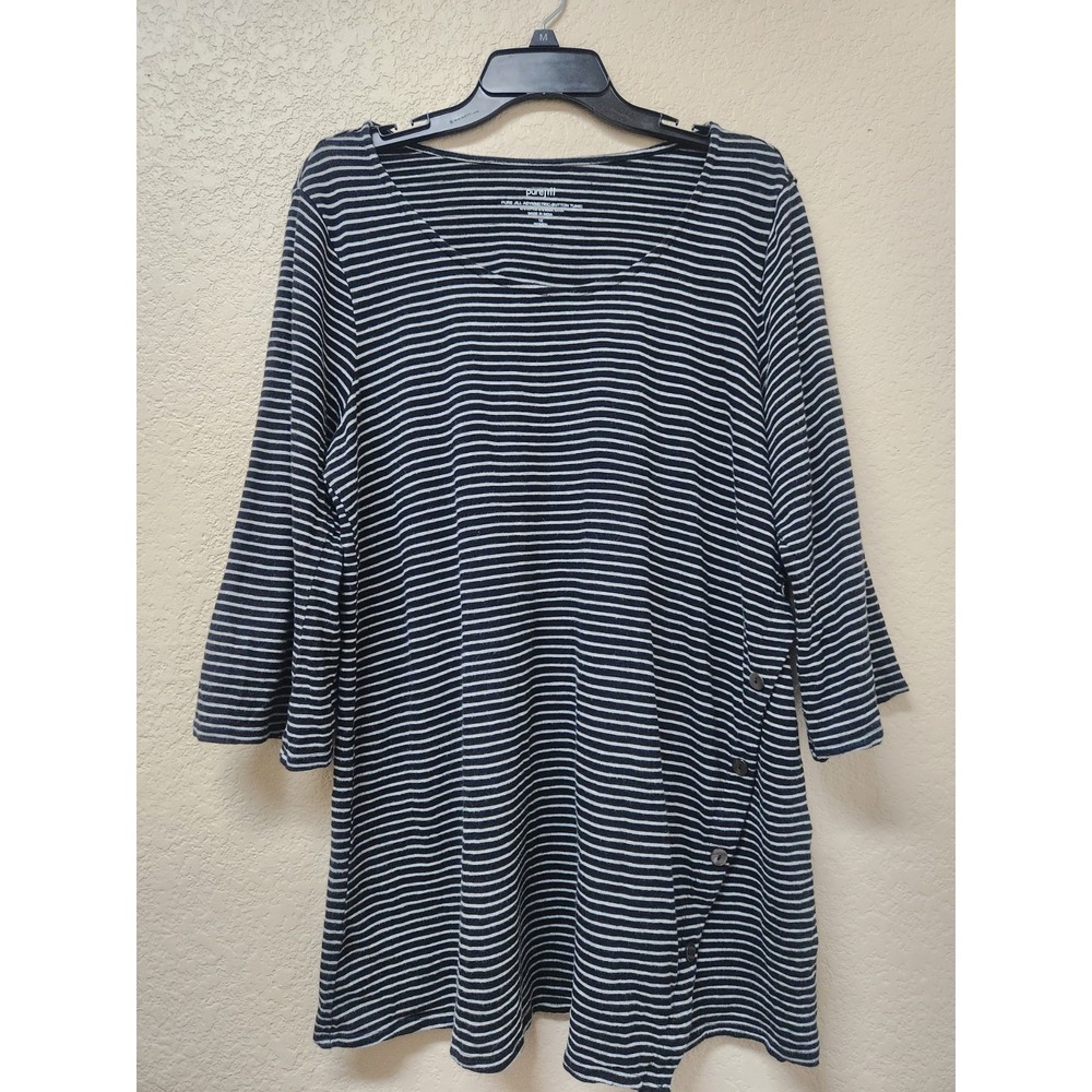 Pure Jill Asymmetric Button Tunic Top Black White Stripe 1X Modal Short Sleeve